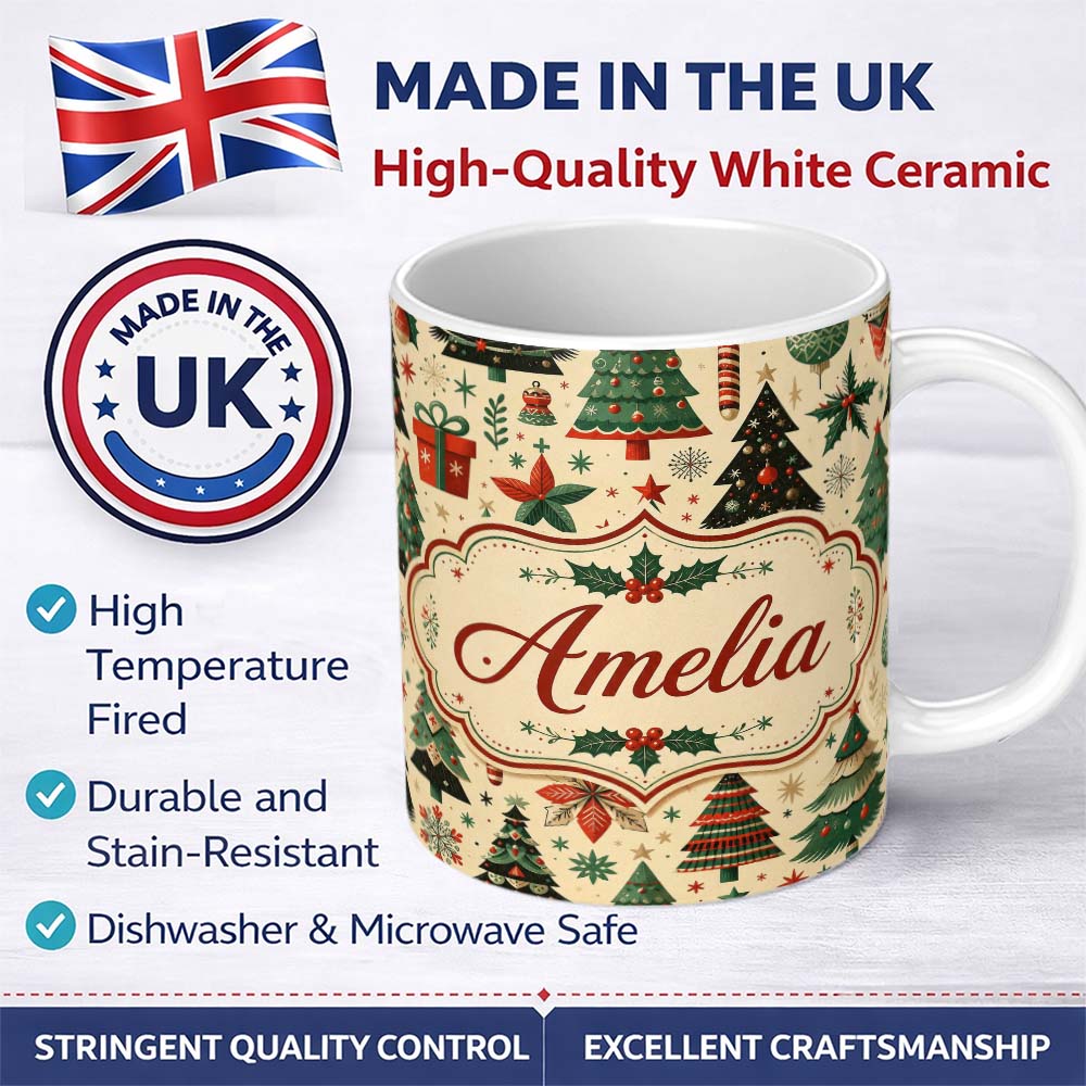 Personalized Custom Name Modern Christmas Trees Gifts Stars Ornaments Festive Seamless Lovely 11oz Ceramic Coffee Tea Mug White Large Handle