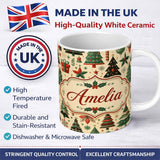 Personalized Custom Name Modern Christmas Trees Gifts Stars Ornaments Festive Seamless Lovely 11oz Ceramic Coffee Tea Mug White Large Handle