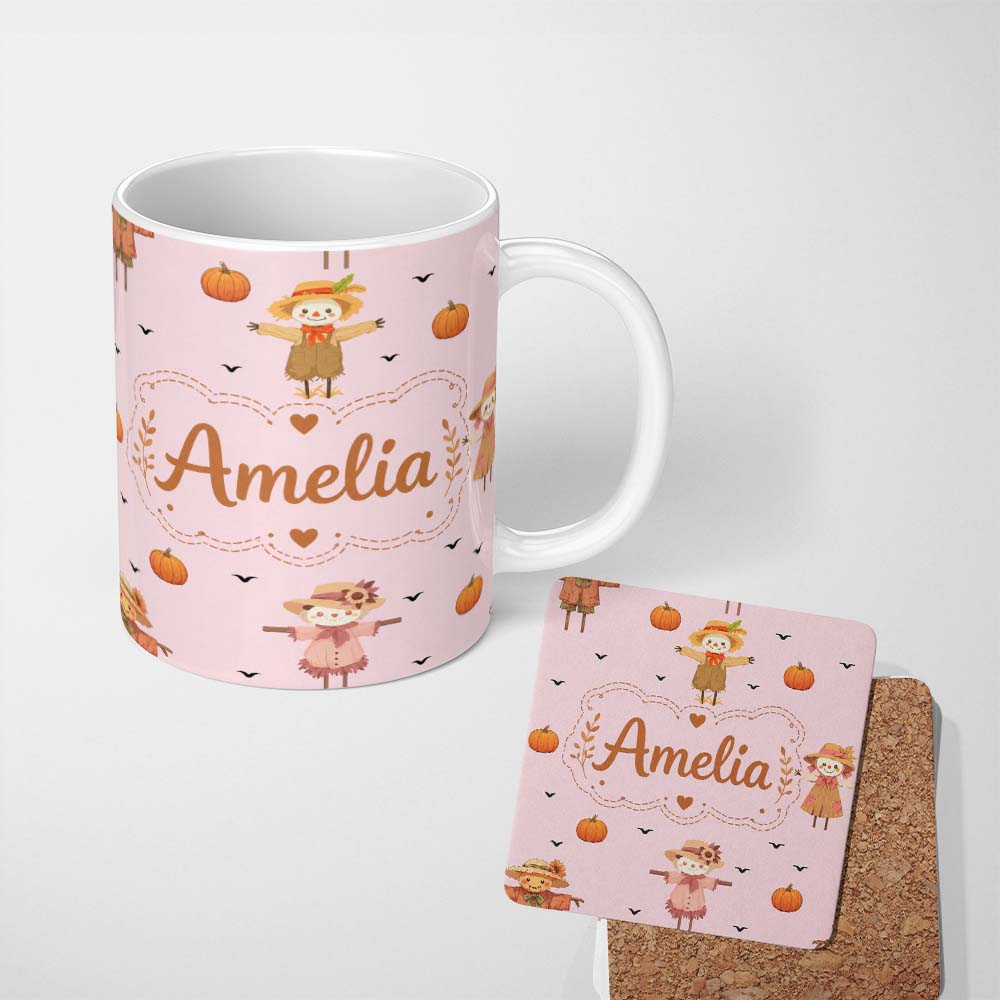 Personalized Custom Name Cute Autumn Scarecrow Pumpkin Birds Seamless Pattern Blush Lovely 11oz Ceramic Coffee Tea Mug White Large Handle