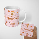 Personalized Custom Name Cute Autumn Scarecrow Pumpkin Birds Seamless Pattern Blush Lovely 11oz Ceramic Coffee Tea Mug White Large Handle