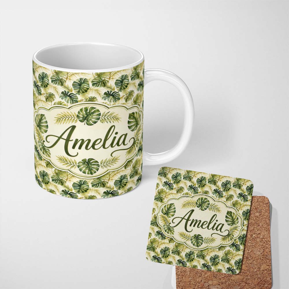 Personalized Custom Name Layered Tropical Monstera and Palm Leaves Natural Green Seamless 11oz Ceramic Coffee Tea Mug White Large Handle