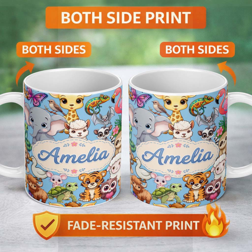 Personalized Custom Name Cute Cartoon Jungle Safari Animals Seamless Pattern on Blue Lovely 11oz Ceramic Coffee Tea Mug White Large Handle