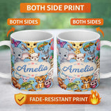 Personalized Custom Name Cute Cartoon Jungle Safari Animals Seamless Pattern on Blue Lovely 11oz Ceramic Coffee Tea Mug White Large Handle
