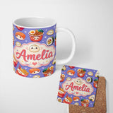 Personalized Custom Name Cute Kawaii Sushi Ramen Dumpling Food Purple Background Seamless 11oz Ceramic Coffee Tea Mug White Large Handle