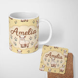 Personalized Custom Name Cute Alpaca Llama Farm Animals Floral Seamless Pattern Warm Beige 11oz Ceramic Coffee Tea Mug White Large Handle