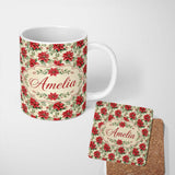 Personalized Custom Name Classic Christmas Poinsettia Floral Cream Background Seamless Lovely 11oz Ceramic Coffee Tea Mug White Large Handle