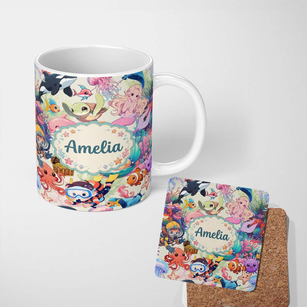 Personalized Custom Name Cute Underwater Ocean Scene Mermaid Dolphin Turtle Treasure Seamless 11oz Ceramic Coffee Tea Mug White Large Handle