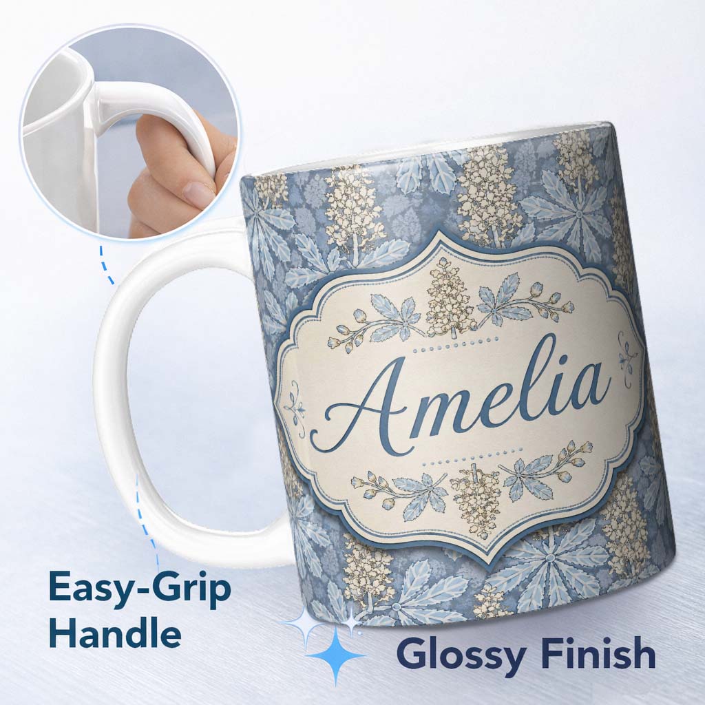 Personalized Custom Name Vintage Botanical Leaf Floral Blue Tone Seamless Pattern Lovely 11oz Ceramic Coffee Tea Mug White Large Handle