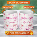 Personalized Custom Name Watercolor Pink Ribbon Bow Seamless Pattern with Blush Pink Stripes 11oz Ceramic Coffee Tea Mug White Large Handle