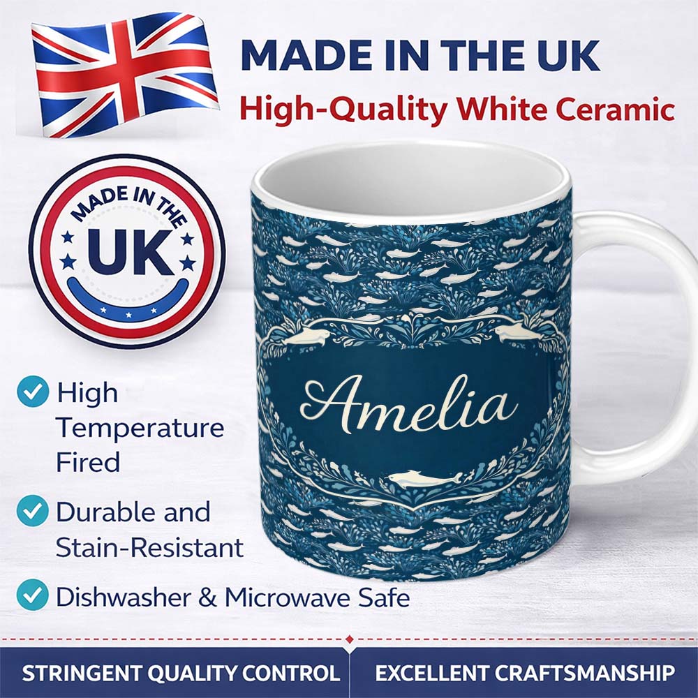 Personalized Custom Name Light Blue Whale Seamless Pattern Cute Marine Animal Ocean Design 11oz Ceramic Coffee Tea Mug White Large Handle