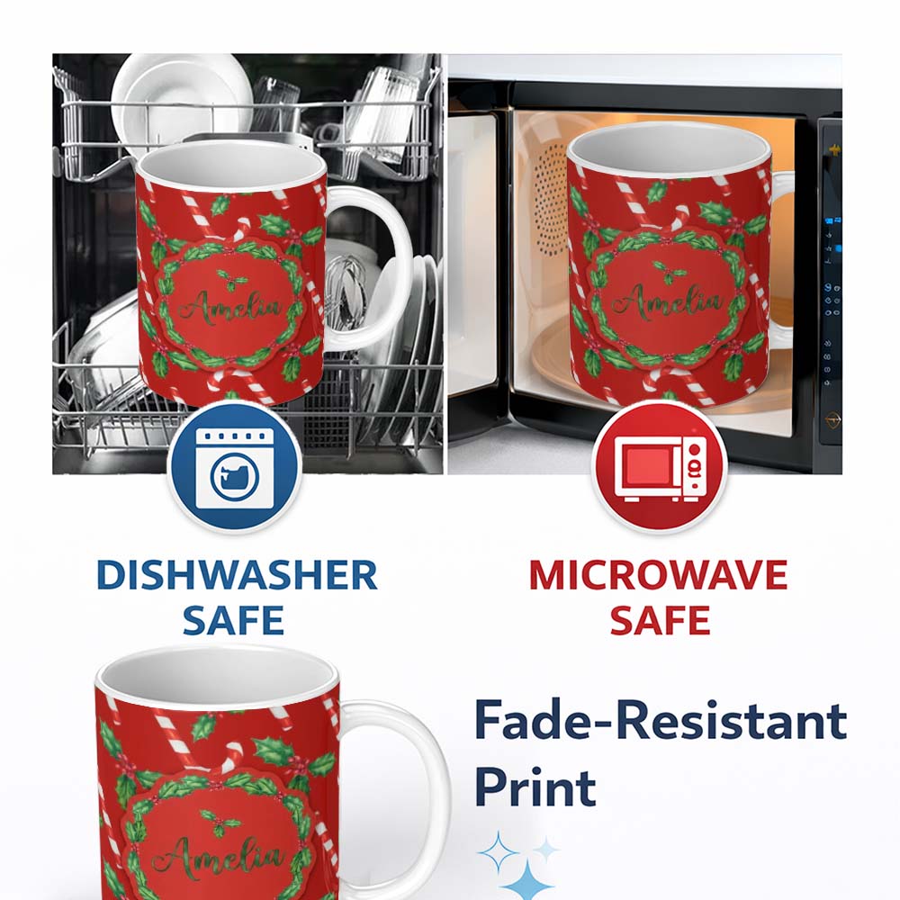 Personalized Custom Name Festive Candy Cane Holly Berry Red Background Seamless Pattern 11oz Ceramic Coffee Tea Mug White Large Handle