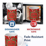Personalized Custom Name Festive Candy Cane Holly Berry Red Background Seamless Pattern 11oz Ceramic Coffee Tea Mug White Large Handle
