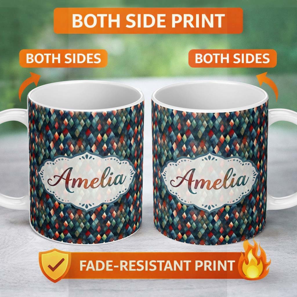 Personalized Custom Name Dark Abstract Diamond Seamless Pattern in Blue Red Cute Unique Gift 11oz Ceramic Coffee Tea Mug White Large Handle