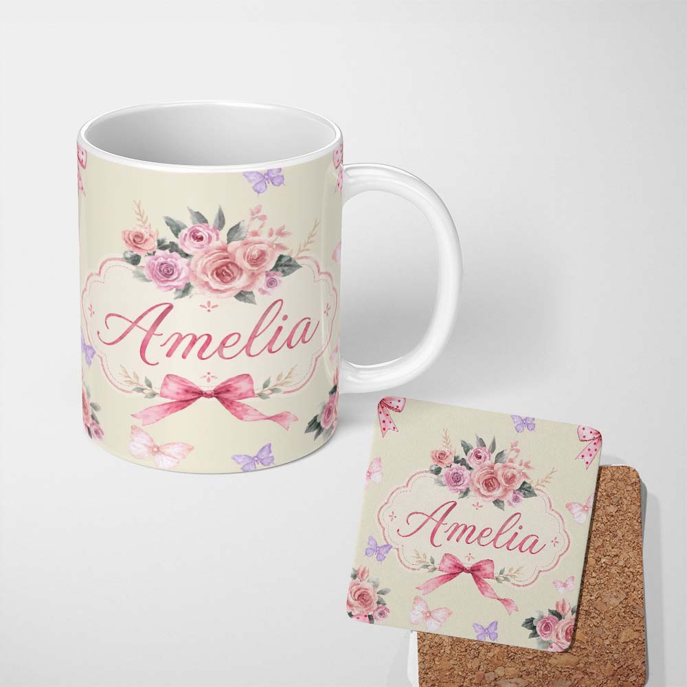 Personalized Custom Name Elegant Watercolor Rose Bouquet Ribbon Butterfly Warm Cream Lovely 11oz Ceramic Coffee Tea Mug White Large Handle
