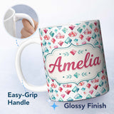 Personalized Custom Name Watercolor Gem Crystal Seamless Pattern on White Cute Unique Gift 11oz Ceramic Coffee Tea Mug White Large Handle
