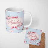 Personalized Custom Name Elegant Watercolor Rose Bouquet Ribbon Butterfly Soft Blue Lovely 11oz Ceramic Coffee Tea Mug White Large Handle