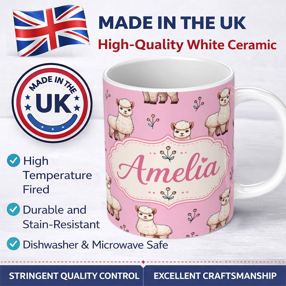 Personalized Custom Name Cute Alpaca Llama Pattern with Floral Sprigs on Pink Background 11oz Ceramic Coffee Tea Mug White Large Handle