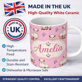 Personalized Custom Name Cute Alpaca Llama Pattern with Floral Sprigs on Pink Background 11oz Ceramic Coffee Tea Mug White Large Handle