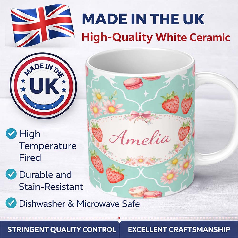 Personalized Custom Name Strawberry Cherry Daisy Seamless Pattern Teal Cute Coquette Floral 11oz Ceramic Coffee Tea Mug White Large Handle