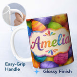 Personalized Custom Name Bright Watercolour Easter Egg Pattern in Vibrant Multicolour Tones 11oz Ceramic Coffee Tea Mug White Large Handle