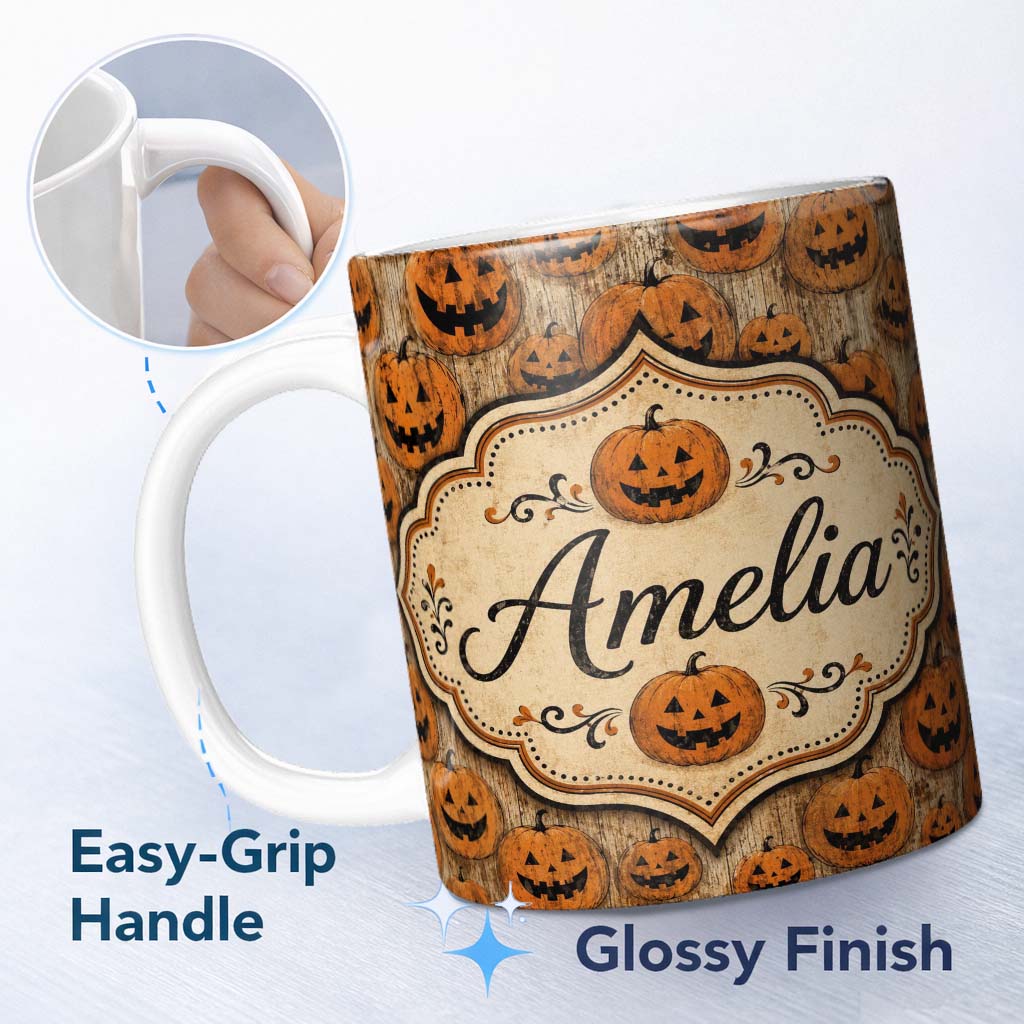 Personalized Custom Name Classic Halloween Pumpkin Faces Repeating Pattern on Weathered Wood 11oz Ceramic Coffee Tea Mug White Large Handle