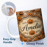 Personalized Custom Name Classic Halloween Pumpkin Faces Repeating Pattern on Weathered Wood 11oz Ceramic Coffee Tea Mug White Large Handle