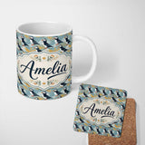 Personalized Custom Name Minimal Puffin Birds with Abstract Waves Seamless Pattern Lovely 11oz Ceramic Coffee Tea Mug White Large Handle