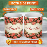 Personalized Custom Name Soft Coral Peony Floral Seamless Pattern Stylish Everyday Mug Lovely 11oz Ceramic Coffee Tea Mug White Large Handle