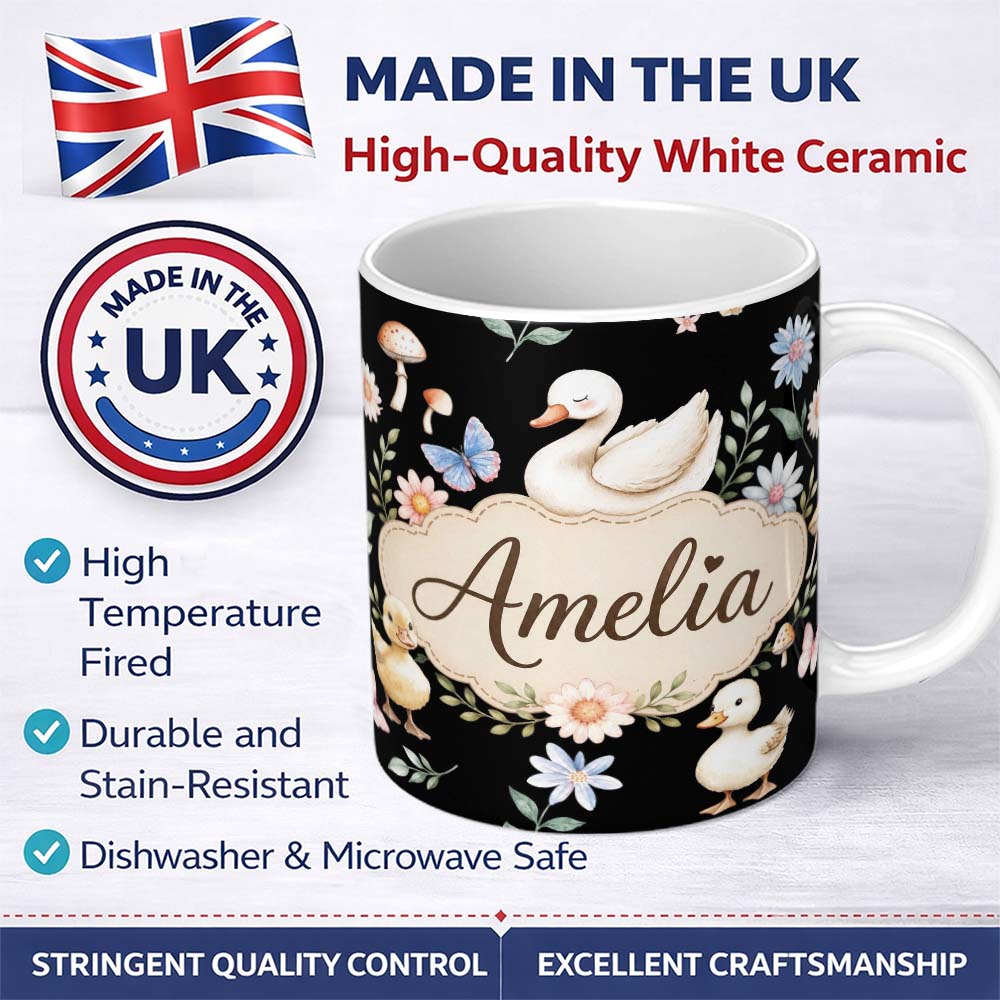 Personalized Custom Name Swan Duckling Butterflies Flowers Mushrooms Soft Watercolor 11oz Ceramic Coffee Tea Mug White Large Handle