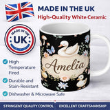 Personalized Custom Name Swan Duckling Butterflies Flowers Mushrooms Soft Watercolor 11oz Ceramic Coffee Tea Mug White Large Handle