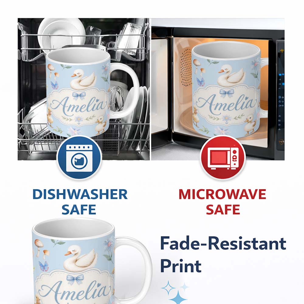 Personalized Custom Name Swan and Ducklings with Flowers Mushrooms Soft Blue Seamless 11oz Ceramic Coffee Tea Mug White Large Handle