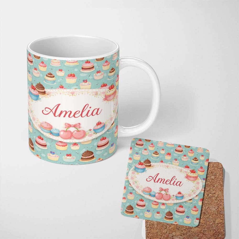 Personalized Custom Name Cute Cake Tile Seamless Pattern Pastel Dessert Sweet Food Design 11oz Ceramic Coffee Tea Mug White Large Handle