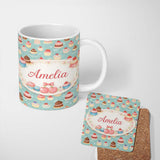 Personalized Custom Name Cute Cake Tile Seamless Pattern Pastel Dessert Sweet Food Design 11oz Ceramic Coffee Tea Mug White Large Handle