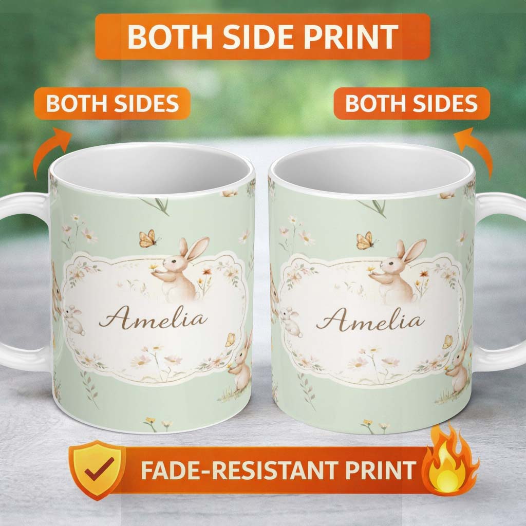 Personalized Custom Name Watercolor Bunny Floral Meadow Light Grey Seamless Pattern Lovely 11oz Ceramic Coffee Tea Mug White Large Handle