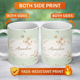 Personalized Custom Name Watercolor Bunny Floral Meadow Light Grey Seamless Pattern Lovely 11oz Ceramic Coffee Tea Mug White Large Handle