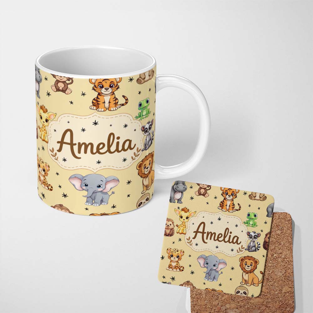 Personalized Custom Name Cute Jungle Baby Animals Lion Tiger Elephant Giraffe Pattern Beige 11oz Ceramic Coffee Tea Mug White Large Handle