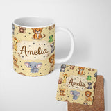 Personalized Custom Name Cute Jungle Baby Animals Lion Tiger Elephant Giraffe Pattern Beige 11oz Ceramic Coffee Tea Mug White Large Handle