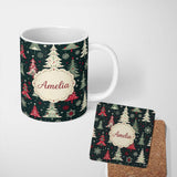 Personalized Custom Name Nordic Christmas Trees Red White Green Snowflakes Festive Seamless 11oz Ceramic Coffee Tea Mug White Large Handle