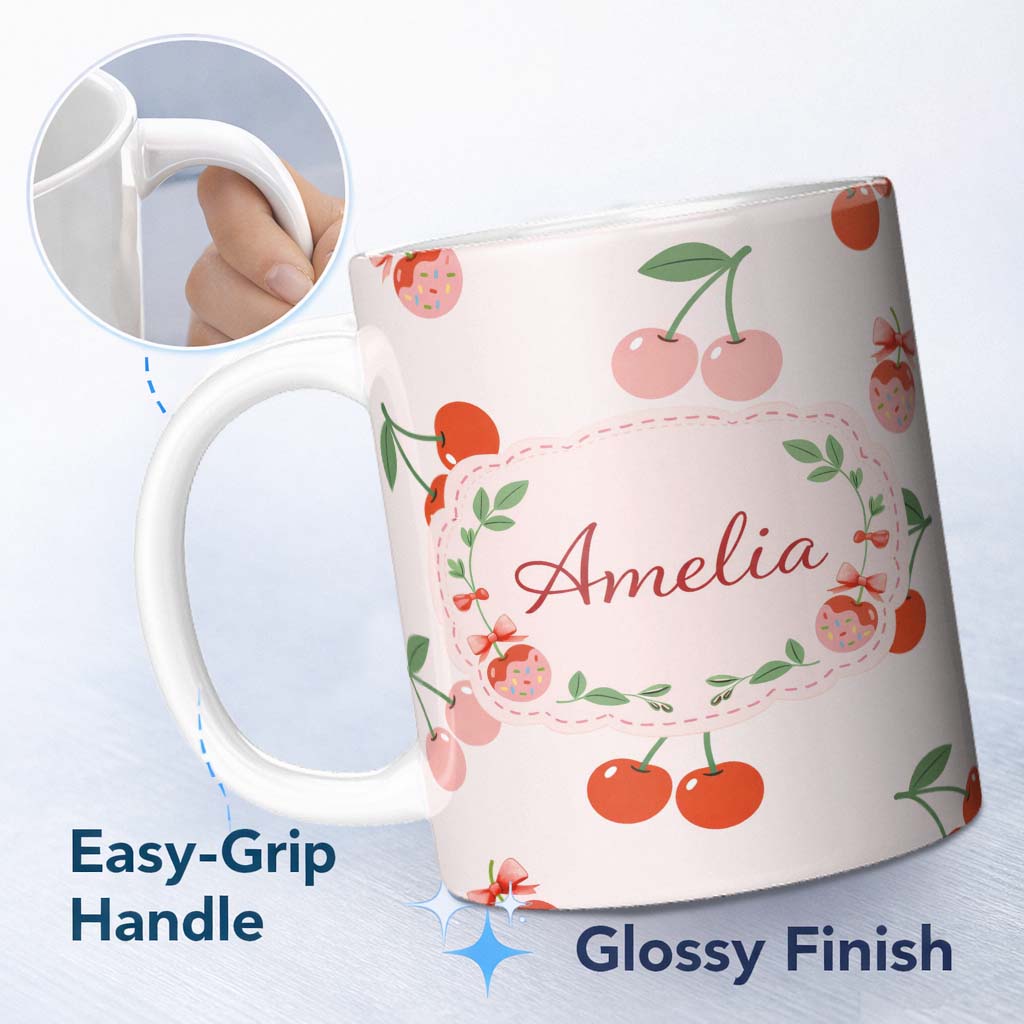 Personalized Custom Name Cute Cherry Fruit Black Background Bold Seamless Pattern Lovely 11oz Ceramic Coffee Tea Mug White Large Handle