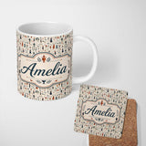 Personalized Custom Name Detailed Vintage Illustration Figures Objects Seamless Pattern 11oz Ceramic Coffee Tea Mug White Large Handle