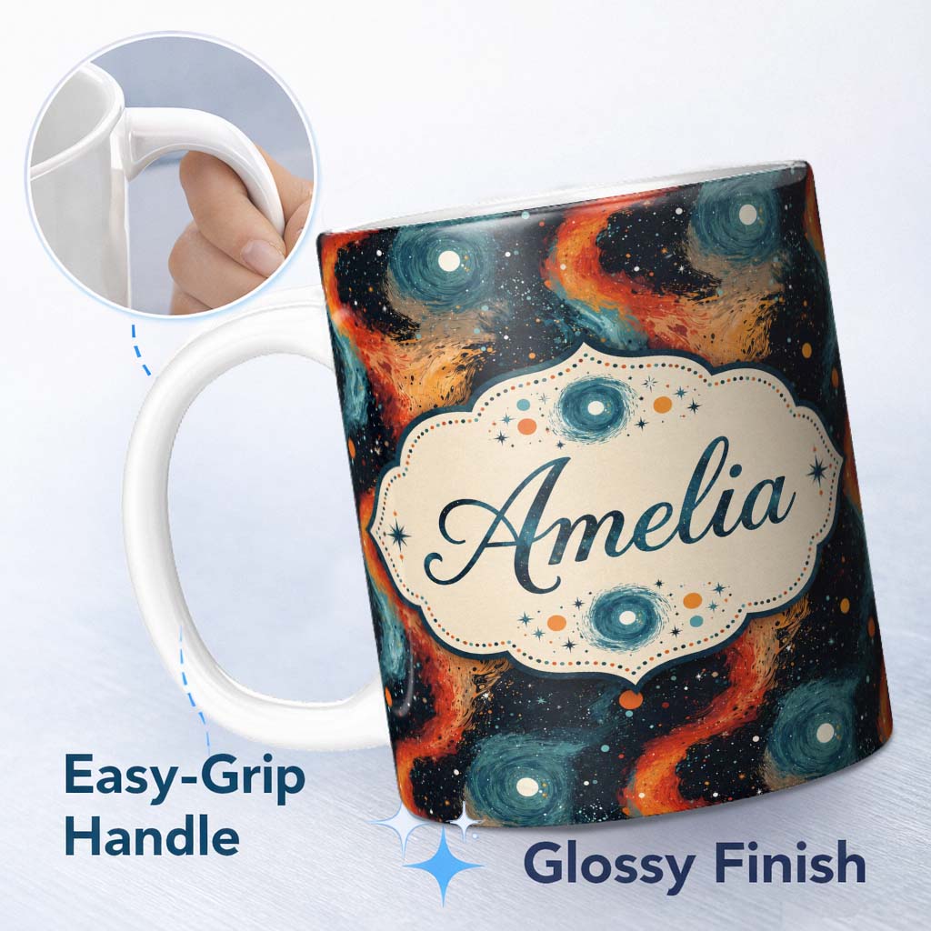 Personalized Custom Name Abstract Flowing Orange Blue Cosmic Space Seamless Pattern Artistic 11oz Ceramic Coffee Tea Mug White Large Handle
