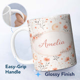 Personalized Custom Name Watercolor Peach Floral Moon Star Botanical Seamless Pattern Lovely 11oz Ceramic Coffee Tea Mug White Large Handle