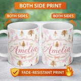 Personalized Custom Name Elegant Pink and Gold Christmas Tree Watercolor Seamless Pattern 11oz Ceramic Coffee Tea Mug White Large Handle