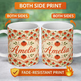 Personalized Custom Name Mid Century Modern Tomato Circles Abstract Seamless Pattern Lovely 11oz Ceramic Coffee Tea Mug White Large Handle