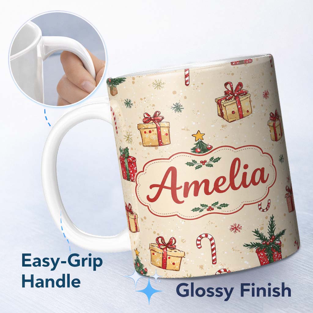 Personalized Custom Name Christmas Tree Candy Cane Snowflakes Seamless Pattern 11oz Ceramic Coffee Tea Mug White Large Handle