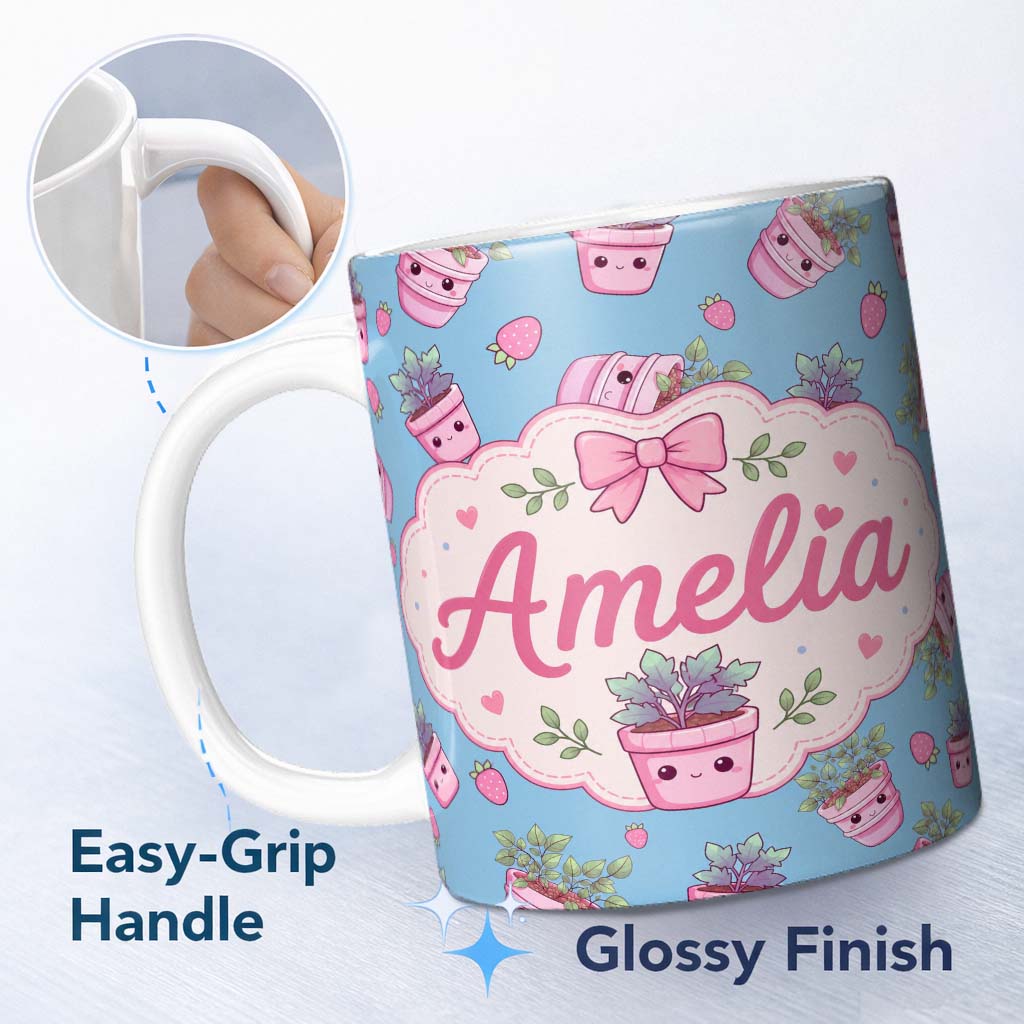 Personalized Custom Name Cute Pink Plant Pots Leaves Strawberry Seamless Pattern Sky Blue 11oz Ceramic Coffee Tea Mug White Large Handle