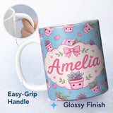 Personalized Custom Name Cute Pink Plant Pots Leaves Strawberry Seamless Pattern Sky Blue 11oz Ceramic Coffee Tea Mug White Large Handle