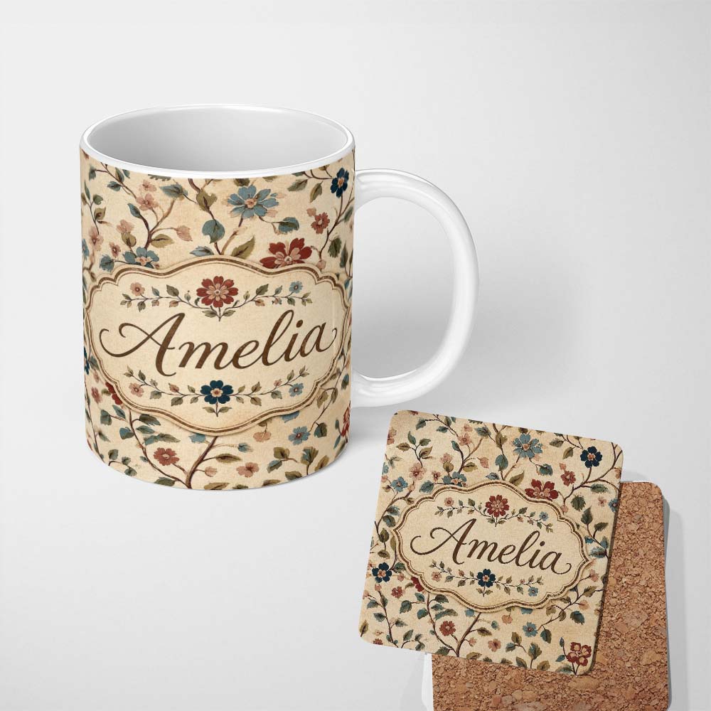 Personalized Custom Name Delicate Vintage Floral Branches Soft Neutral Background Seamless 11oz Ceramic Coffee Tea Mug White Large Handle