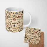 Personalized Custom Name Delicate Vintage Floral Branches Soft Neutral Background Seamless 11oz Ceramic Coffee Tea Mug White Large Handle
