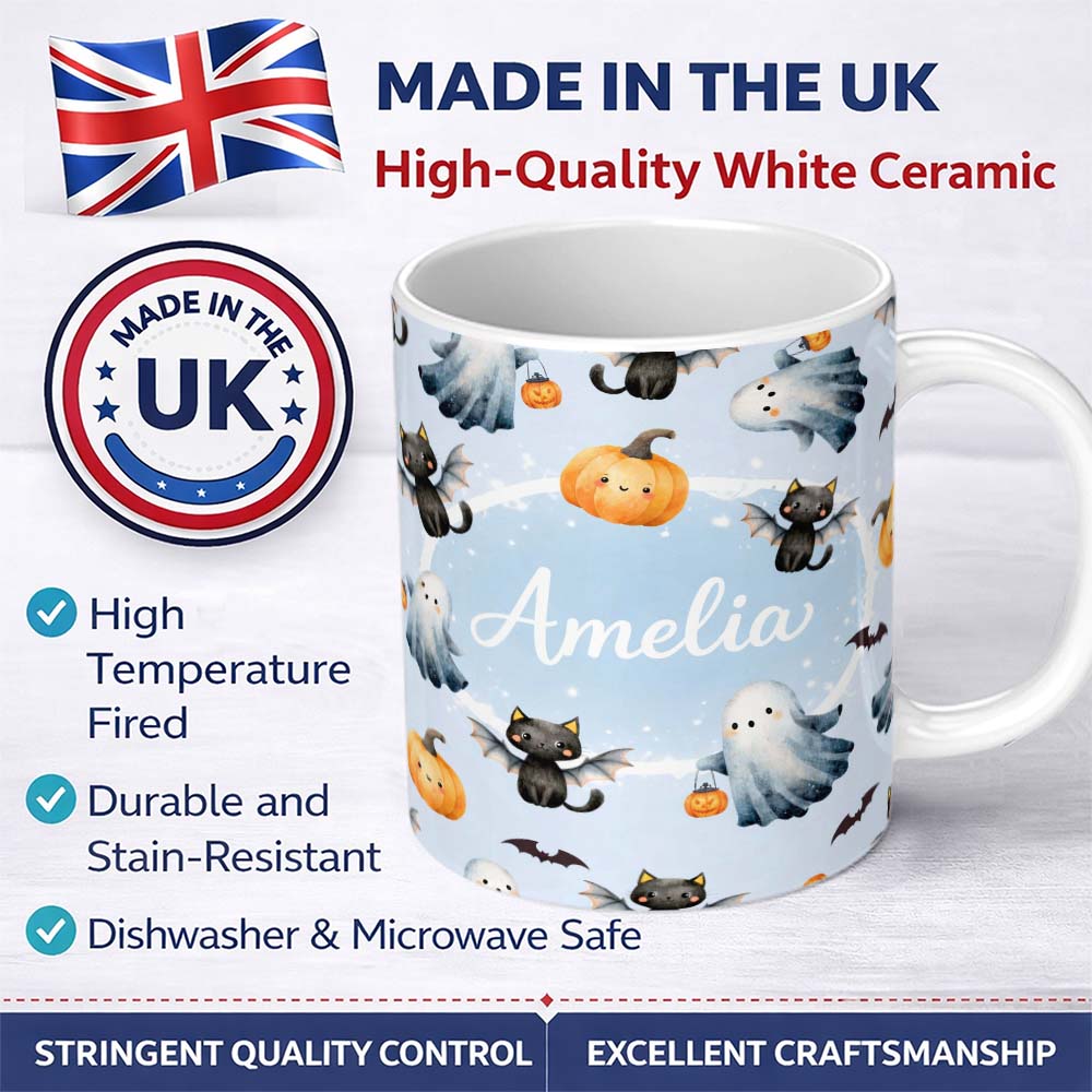 Personalized Custom Name Halloween Ghost Pumpkin Cat Seamless Pattern Cute Spooky Kawaii 11oz Ceramic Coffee Tea Mug White Large Handle